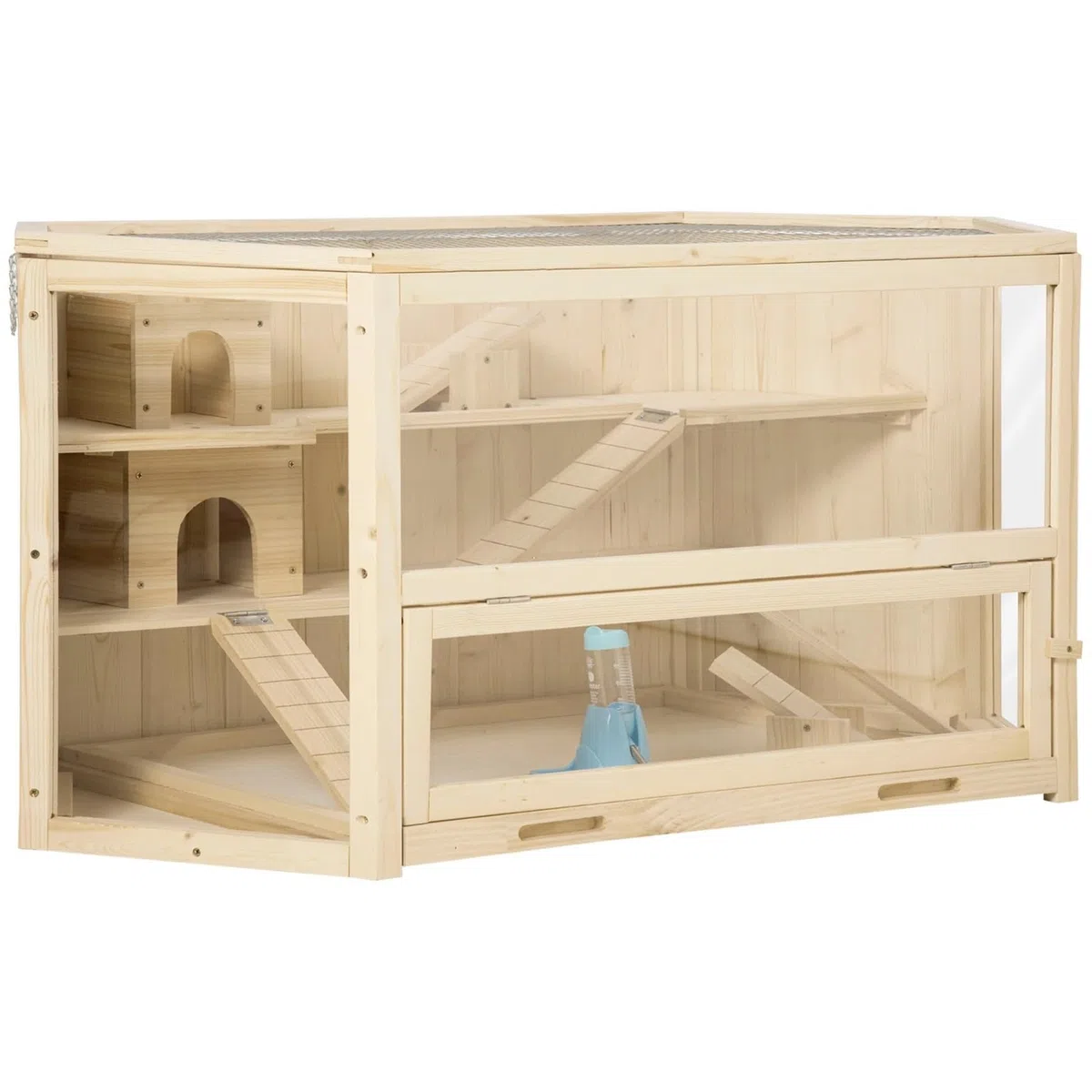 Hamsterkäfig Hölzerner großer Hamsterkäfig, Kleintier-Übungsspielhaus, 3-stöckig, mit verschiebbarem Tablett, Wippen, Wasserflasche für Haustiere(Brown)