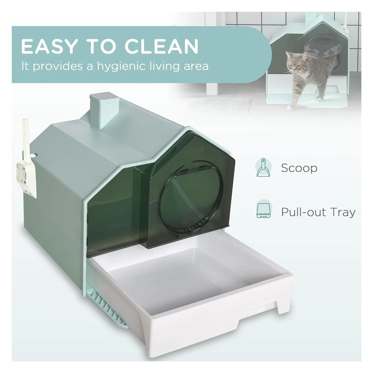 Katzentoilette mit Haube und Katzenstreumatte, Geruchskontrolle, leicht zu reinigende ausziehbare Schublade, Griff Schaufel