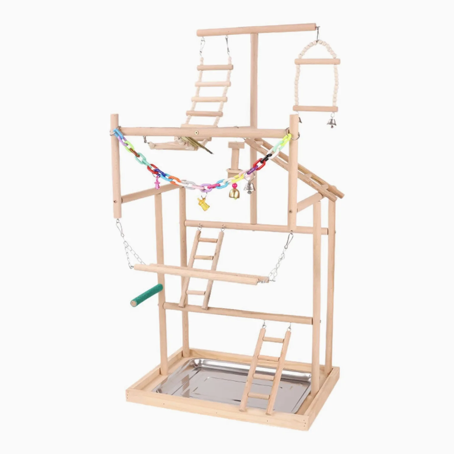 Papageienspielplatz mit Holzkonstruktion und Leiter für sichere und unterhaltsame Spielzeiten. Schwarzer Phönix Papageien Spielplatz mit Schaukel,