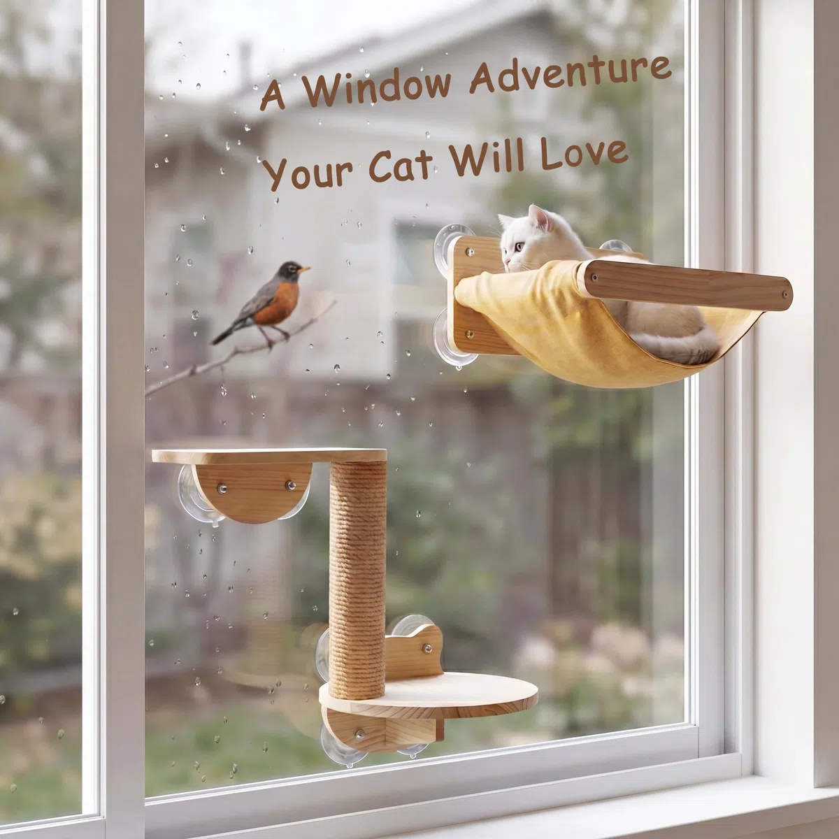 Katzen-Fenster-Hängematten-Bett, 4-teiliges Set, Katzenfenstersitz für Innenräume, Sitzstange mit Zwei Ablagen und einem Kratzbaum, Sonnenmontage