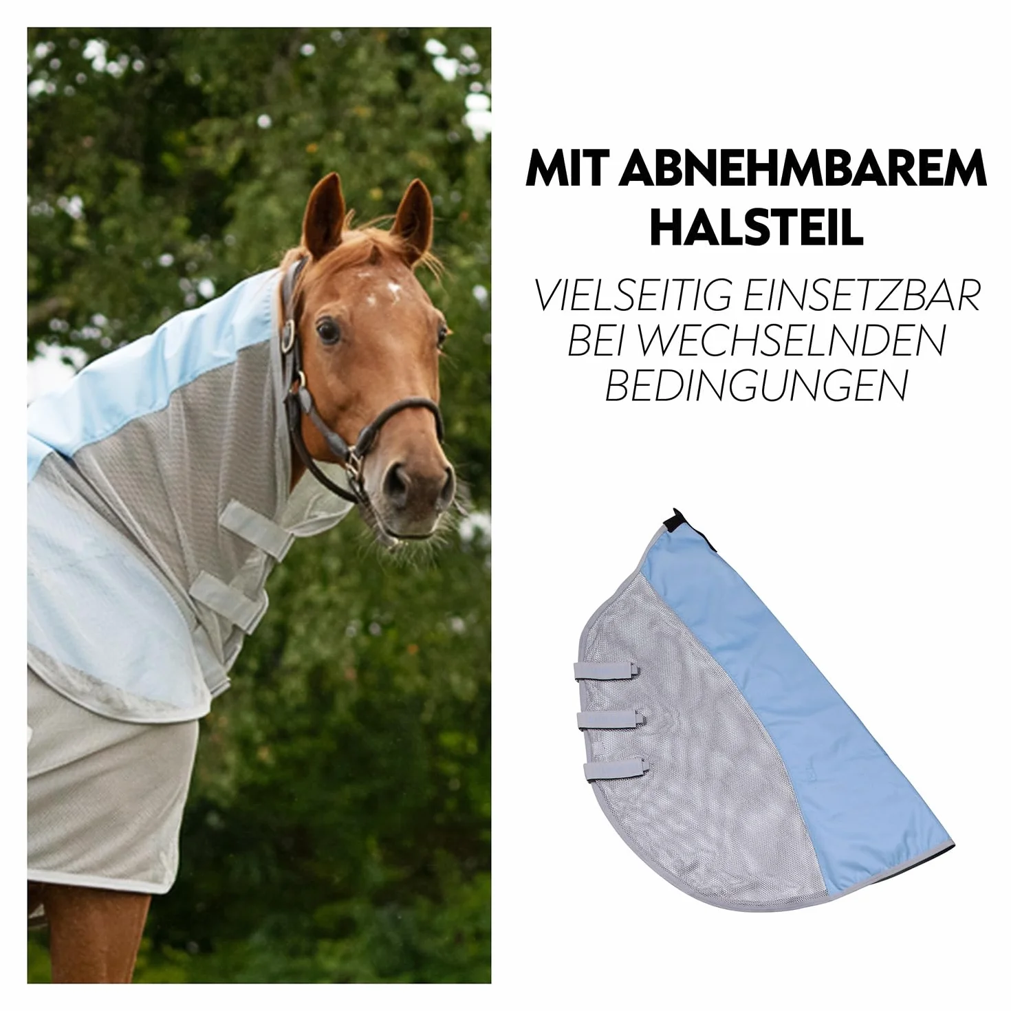 SUNRIDE Regen- Fliegendecke 0g für Pferde (Oslo) - 1200D - mit abnehmbarem Halsteil - 100% wasserdicht - 3.000mm Wassersäule (blau/grau, 145cm)