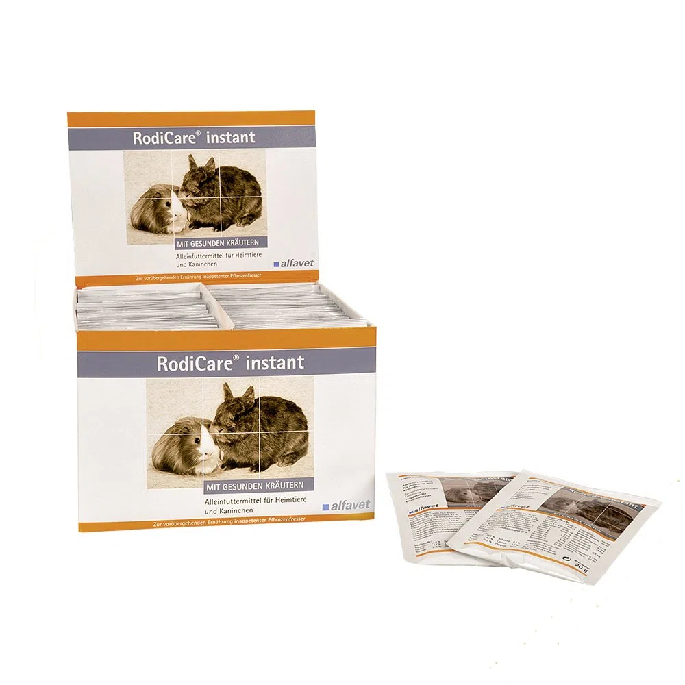 Alfavet, RodiCare instant Päppelfutter für geschwächte inappetente Zwergkaninchen, Meerschweinchen, Kleinnager. Alleinfuttermittel mit gesunden Kräutern, Pulver 60 x 20 g mit Dosierlöffel