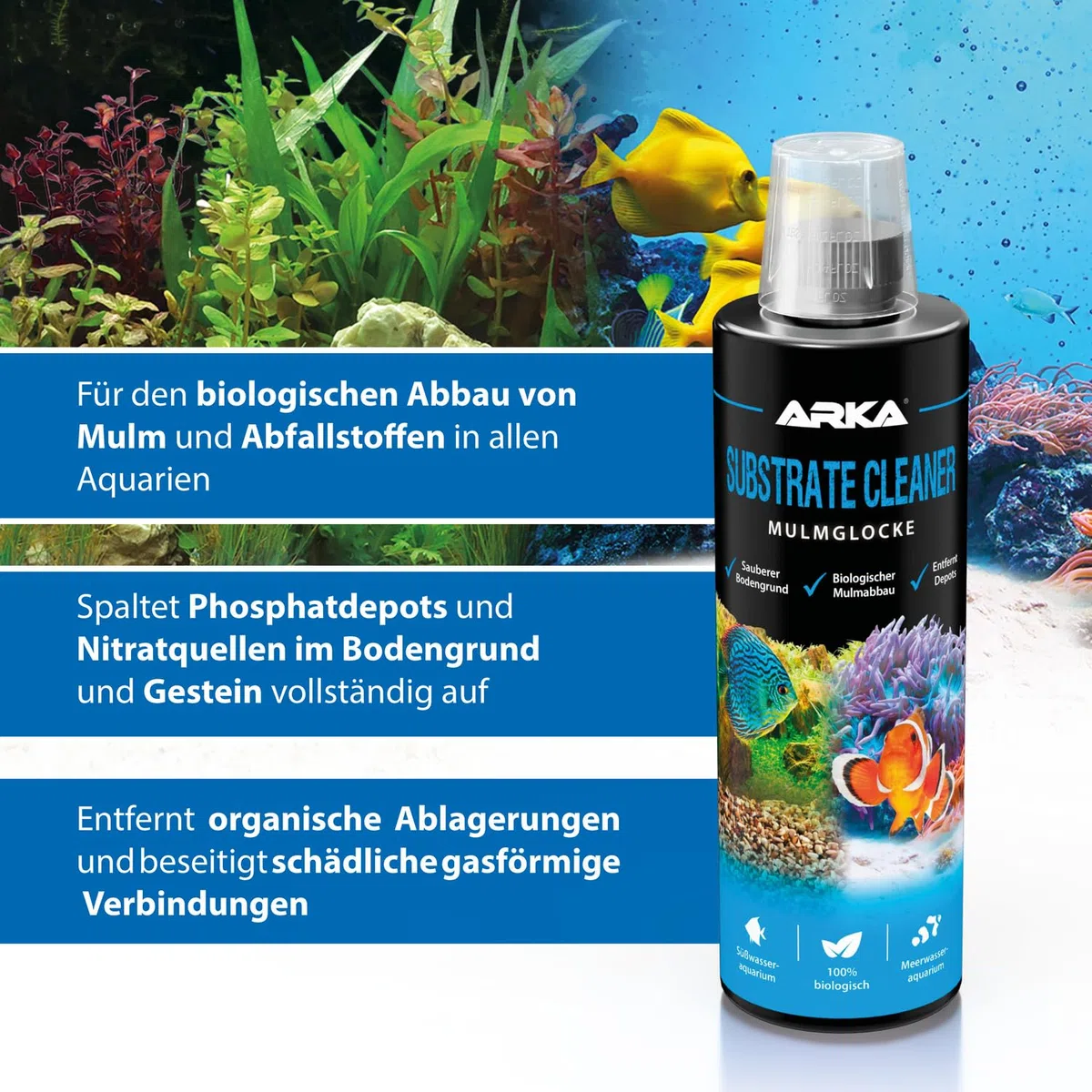 Bodengrundreiniger Aquarium 118 ml – biologischer Mulmabbau ohne Mulmglocke – entfernt Mulm, Futterreste & Schlamm – für Süß- & Meerwasser – ARKA Substrate Cleaner