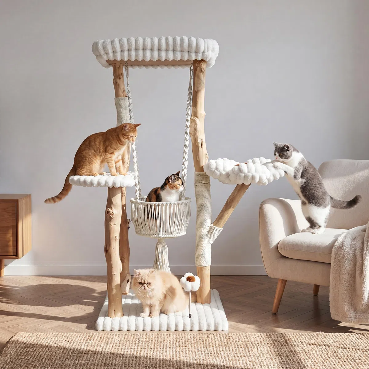 Massiver Katzenbaum aus Holz mit Kratzstämmen, 132 cm hoher Katzenkratzbaum mit Schaukelkorb, waschbarem Kissen, baumelndem Spielzeug, Kletterbaum aus Holz für mehrere Katzen in der Wohnung, einfache