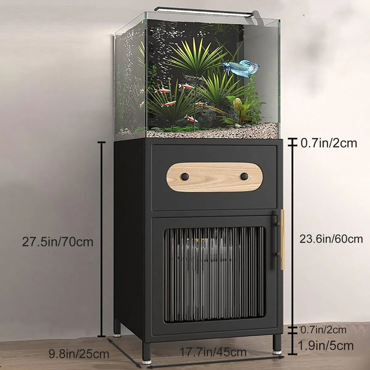 Aquarium Unterschrank 5–20 Gallonen, Metall Aquarium Schrank mit Schublade und Tür, Stauraum aus Karbonstahl, Ohne Montage, für Terrarium (Ohne Aquariums) black 45*25cm/17.7*9.8in