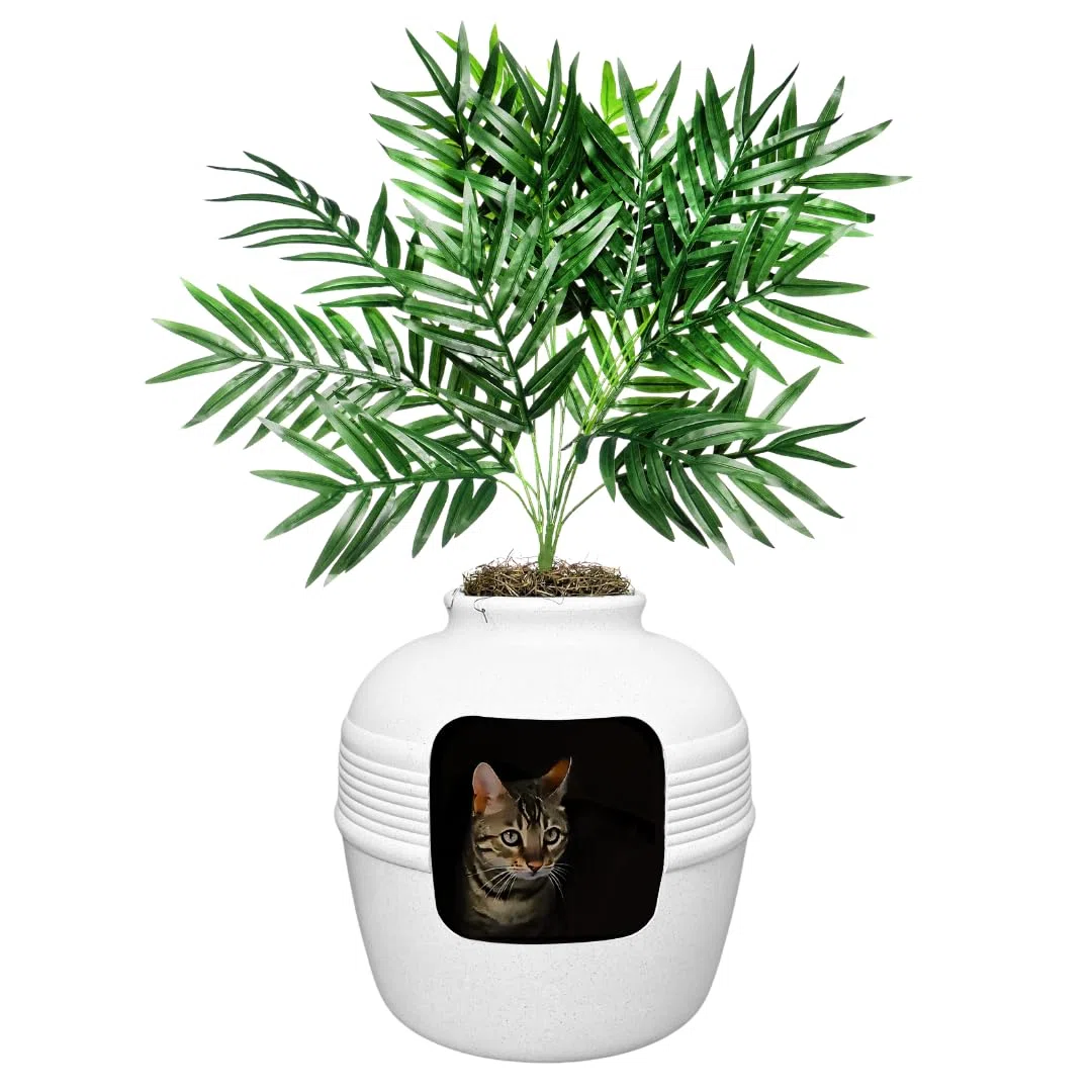 Good Pet Stuff Original versteckte Katzentoilette mit künstlicher Pflanze und geschlossenem Katzenklo, belüftet und mit Geruchsfilter, leicht zu reinigen, Birke-Weiß