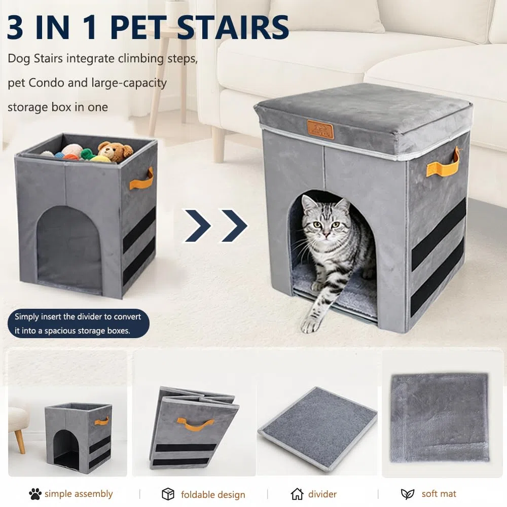 43,2 cm H Hundetreppe für hohe Betten bis zu 63,5 cm Höhe – Haustierstufen für kleine, mittelgroße oder große Hunde, faltbare Katzentreppe mit Stauraum und Höhle, 3-stufige Haustiertreppe für