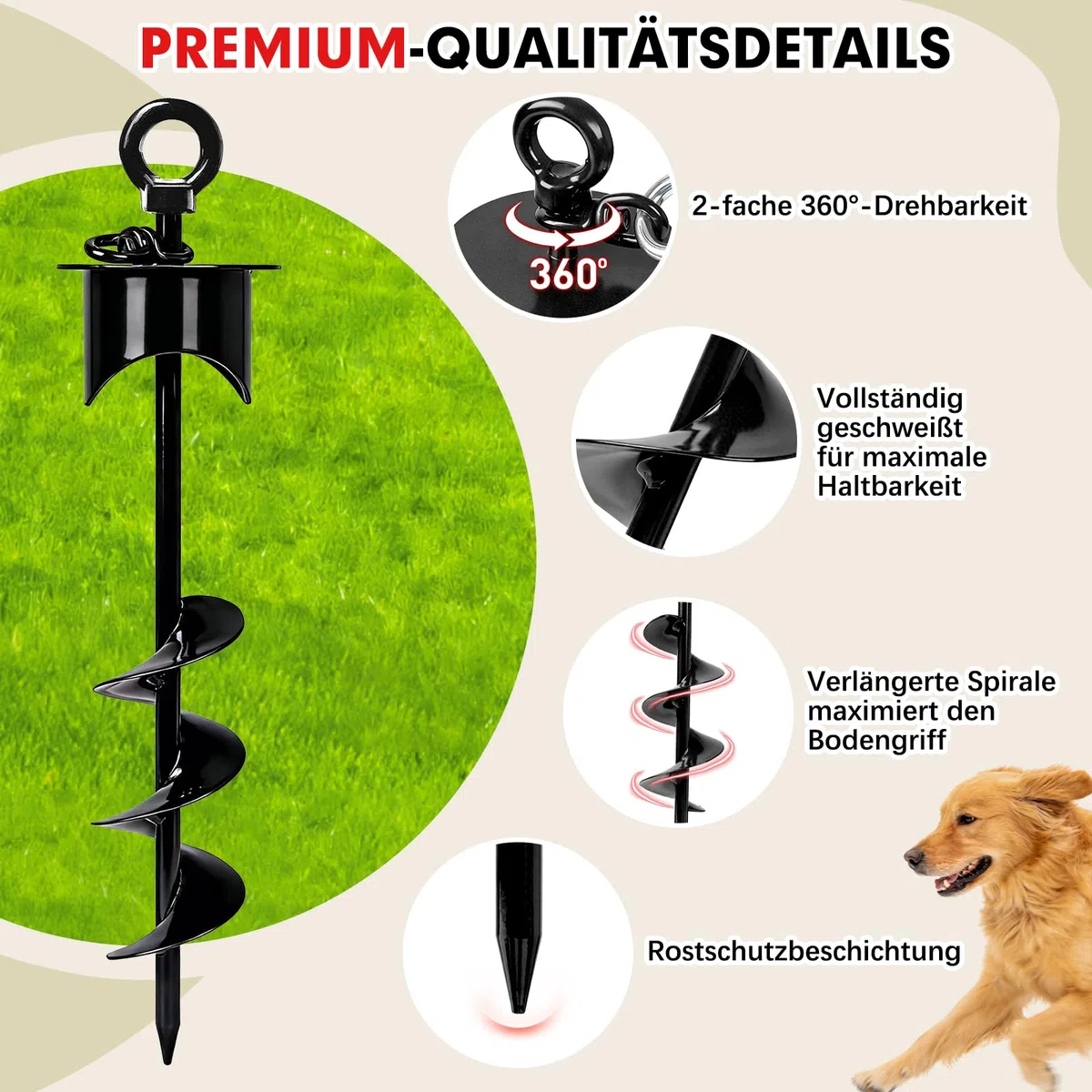 Snagle Paw Bodenanker für Hunde mit Lock-Cap, 6M Leine with Erdanker für Außen/Garten/Camping mit Stoßdämpfender Bungee-Leine, 360°drehbarer Rostfreier Bodenanker für Leinen, Ketten bis 360 lbs
