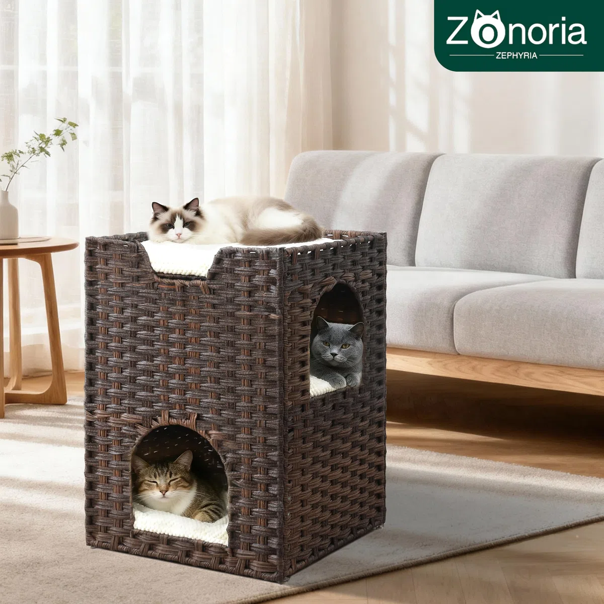 Katzenbett für Indoor-Katzen, ein stilvolles Katzenversteck & Katzenhaus - Handgewebtes Rattan-Katzenhöhlenbett mit weichem Kissen, faltbare Katzenwürfel für Indoor-Katzen, stabile Katzen-Sitzstange