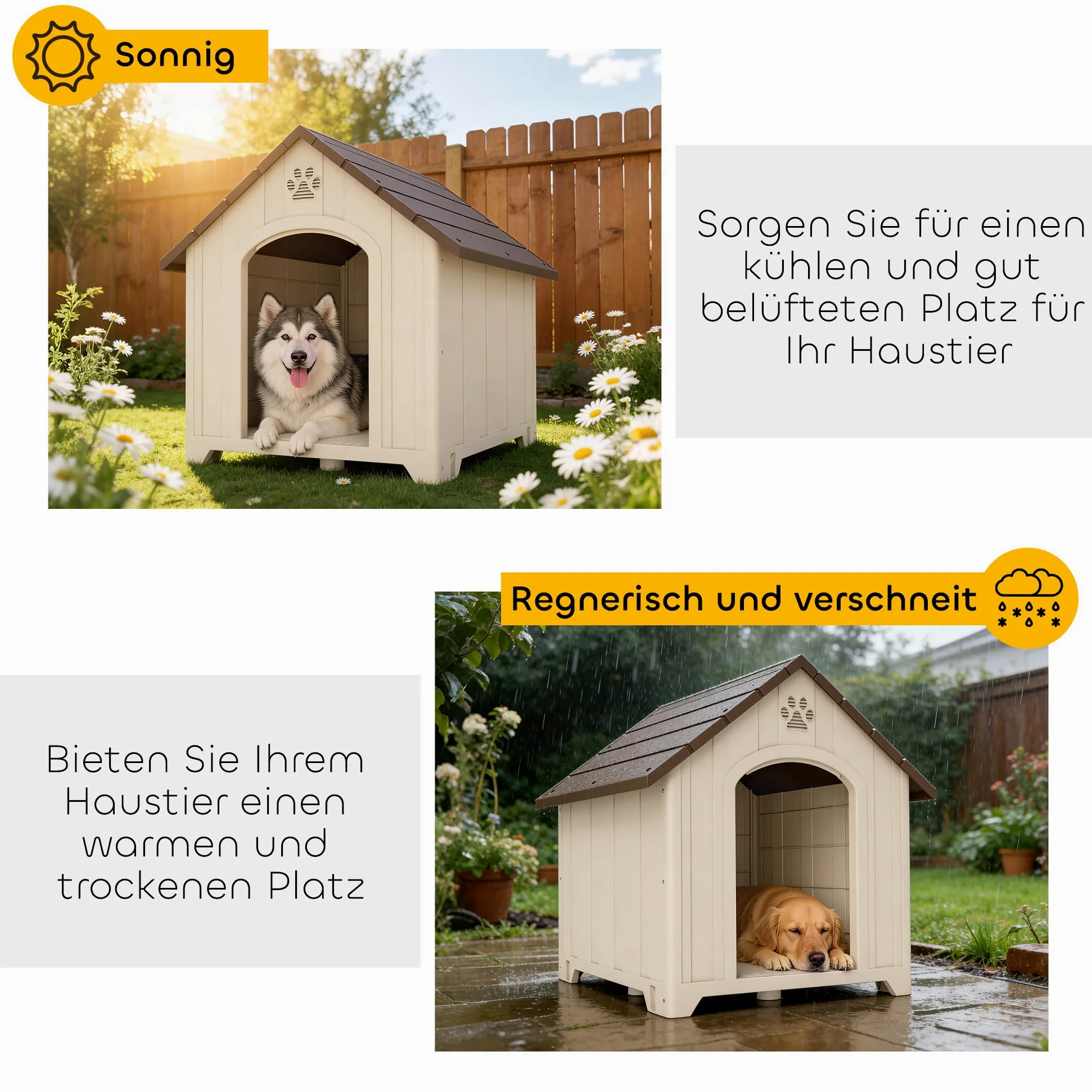 PawHut Hundehütte Wetterfestes Hundehaus für mittelgroße Große Hunde Beige | Erhöhte Hundehöhle mit Wasserfestem Dach Bodenankern Klauenförmige Lüftungsöffnung, Outdoor Hütte, Hunde Bis 30 kg