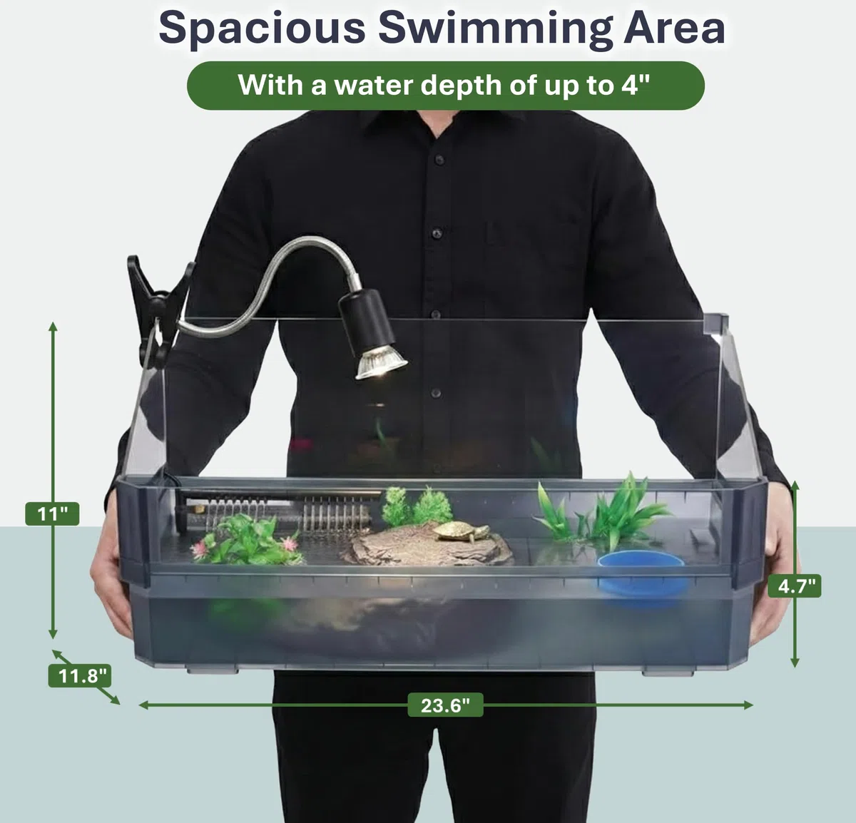 Großes Schildkröten-Tank-Kit für Wasserschildkröten – komplettes Starter-Habitat mit Filter, UVB-Lampe, Sonnenplattform, Pflanzen, Futterring – Schildkröten-Aquarium-Kit (Schwarz)