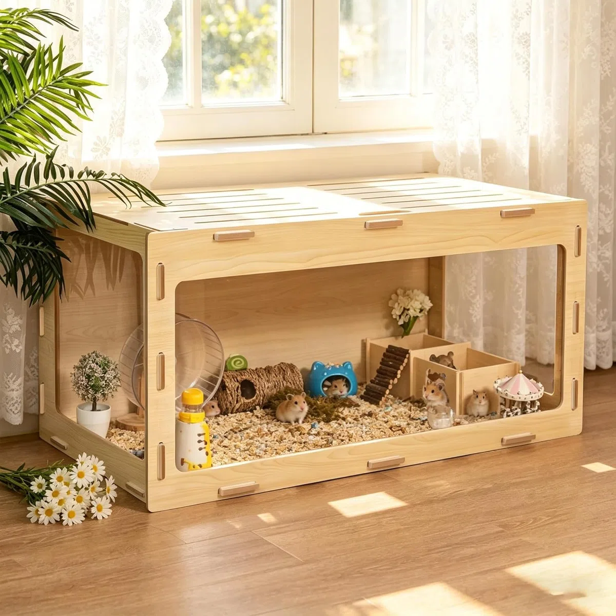 Kleiner Tierkäfig mit klappbarem Deckel Indoor Freilaufgehege holzerner Hamsterkäfig Acrylfenster für Sicht geeignet für Meerschweinchen, Hamster, Schildkröten (Einzeltür)