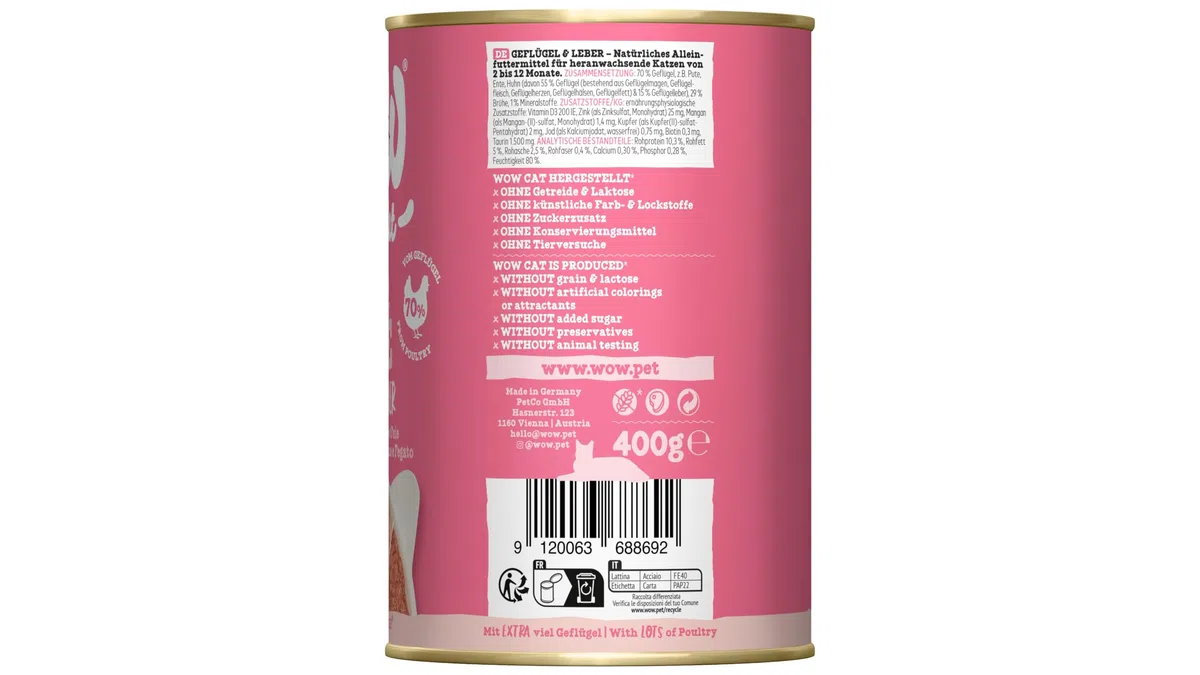 WOW Cat Junior Nassfutter Paté Geflügel & Leber 24 x 400g | ohne Getreide