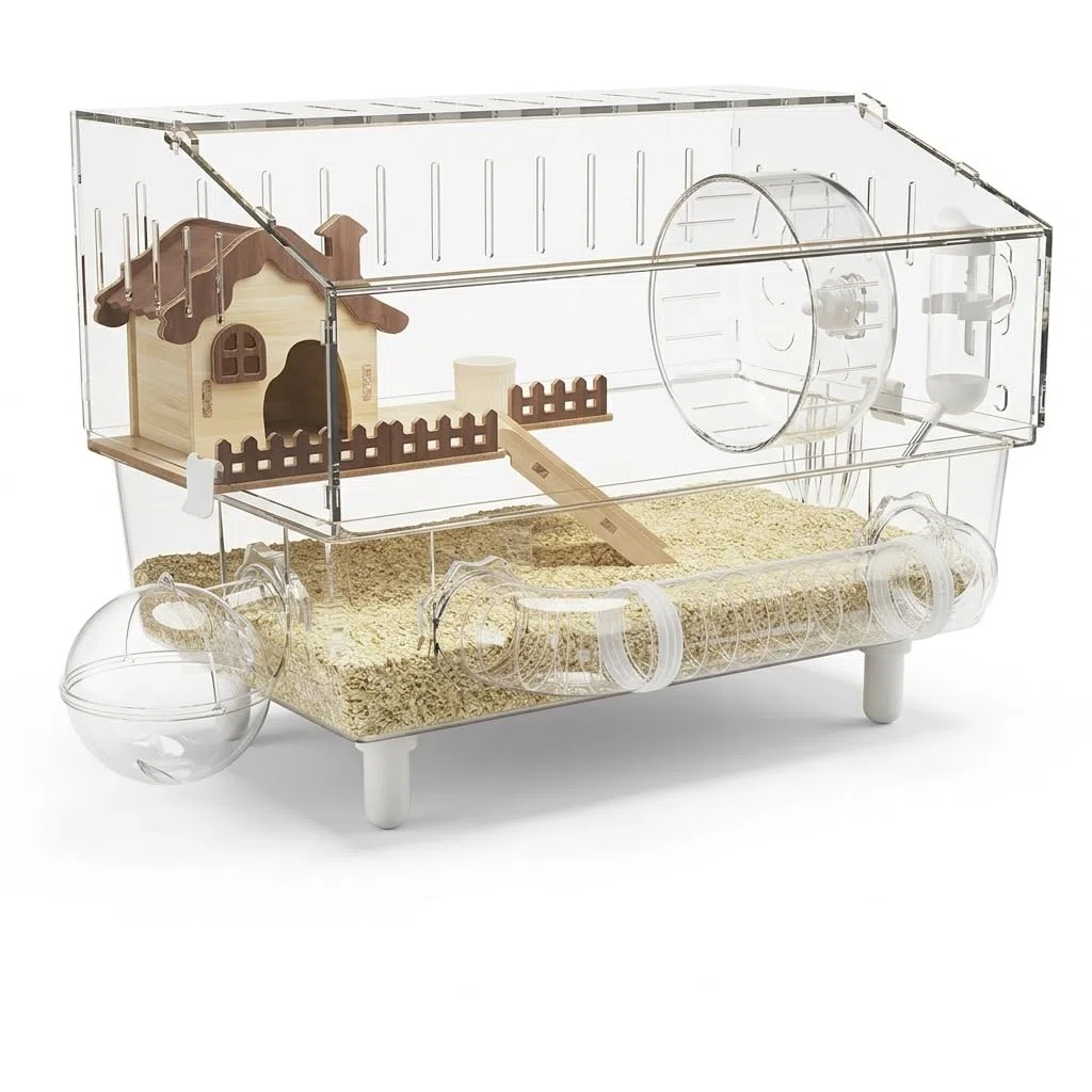 käfig mit Ausstattung, zweistöckig tikäfig aus Acryl für Hamst und Zwghamst, für tie, Fließendes Herz 9-teiliges Set (hochtransparent)