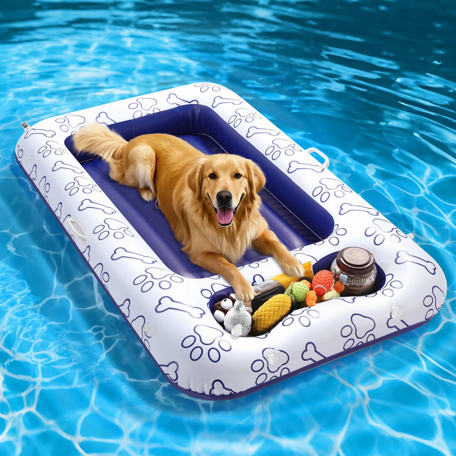MoKo Pool Luftmatratze für Hunde, 150x90 cm für Hunde der Größen S/M/L, Schwimmmatratze mit Integriertem Staufach für Spielzeug und Futter, Aufblasbare Matratze, Blau Knochen Klaue