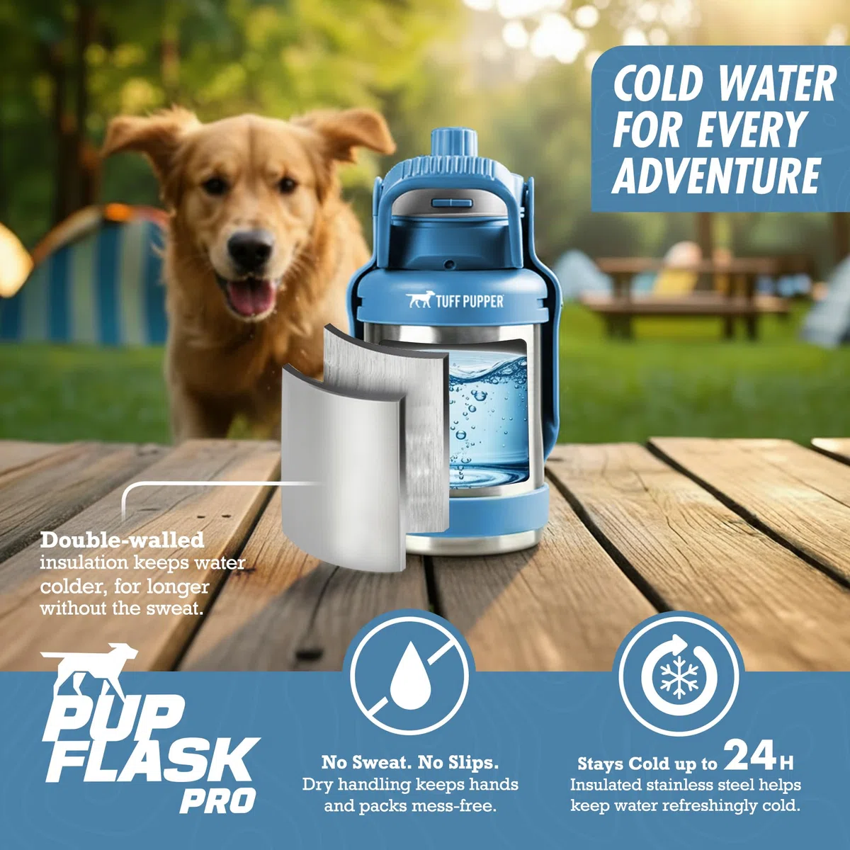 PupFlask Pro tragbare isolierte Hundewasserflasche, Edelstahlnapf | Auslaufsicherer Thermosspender, hält Wasser 24+ Stunden kalt, eingebauter Flip-Becher für Spaziergänge, Wandern und Reisen
