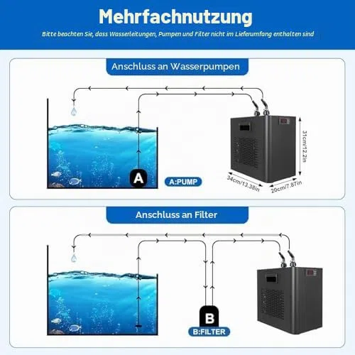Aquariumkühler Wasserkühler 1/10PS 1/3PS 1/2PS 1PS – Inklusive Schläuche und Pumpen – Ideal für Aquarien und Eisbad, Aquatische Pflanzen, Unterstützt bis zu 500L/132Gal