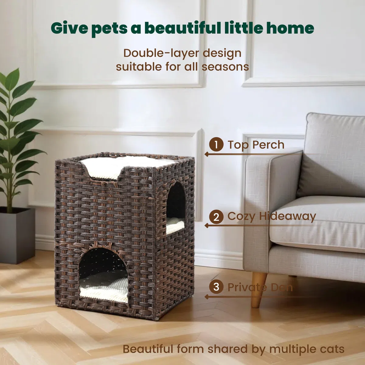 Katzenbett für Indoor-Katzen, ein stilvolles Katzenversteck & Katzenhaus - Handgewebtes Rattan-Katzenhöhlenbett mit weichem Kissen, faltbare Katzenwürfel für Indoor-Katzen, stabile Katzen-Sitzstange