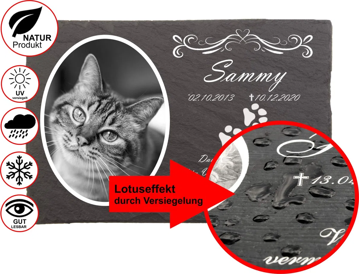 Katzengrabstein mit eigenem Foto und Katzenpfoten, Gedenksteine für Katzen mit personalisierter Gravur Katzen, Gedenksteine aus Naturschiefer 20x30 cm