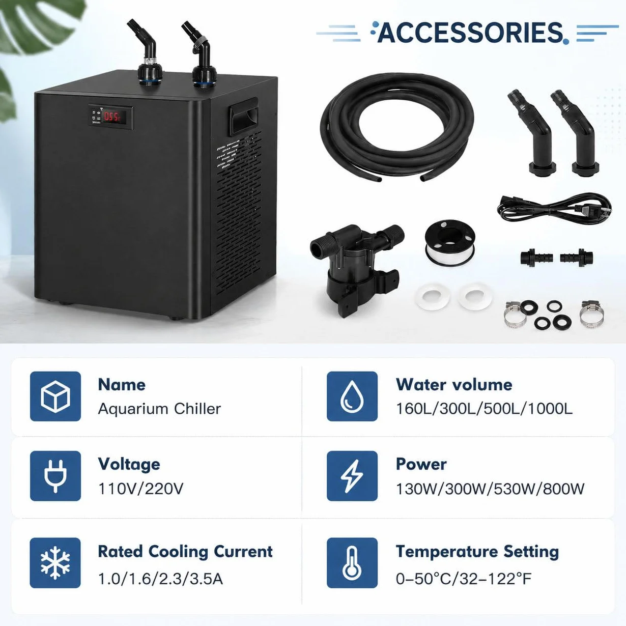 Aquarium Kühler 160L/300L/500L/1000L | Leiser Wasserkühler mit Kompressor für Hydrokultur,Axolotl, Quallen & Korallenriff | Durchlaufkühler für Süß- und Meerwasser Fischbecken 160L/42gal