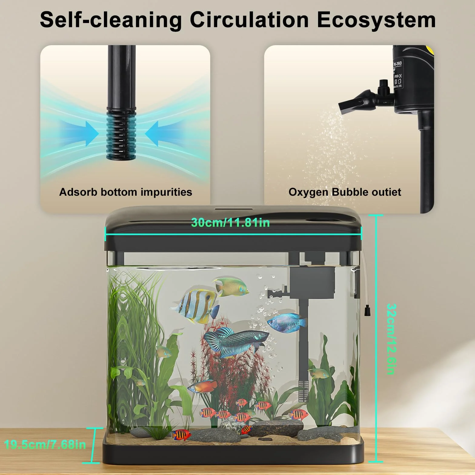 Aquarium Komplettset, Ambesty 15L Nano Aquarium Stabiles Einsteigerbecken mit LED-Beleuchtung und Eingebautem Filtersystem,4-in-1 Smart Aquariums für Fisch, Aquariu Becken stoßfest,Schwarz