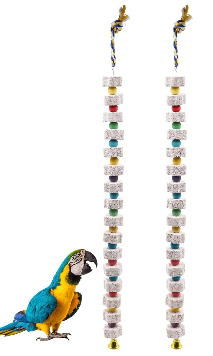 Dnoifne 2 Pack 27 Zoll Extra Lange Vogel Kauspielzeug Papagei Schnabel Schleifen Kalzium Stein mit Glocken, Vogelkäfig Zubehör, Käfig Spielzeug für Nymphensittich Papagei Wellensittiche Ratte Hamster