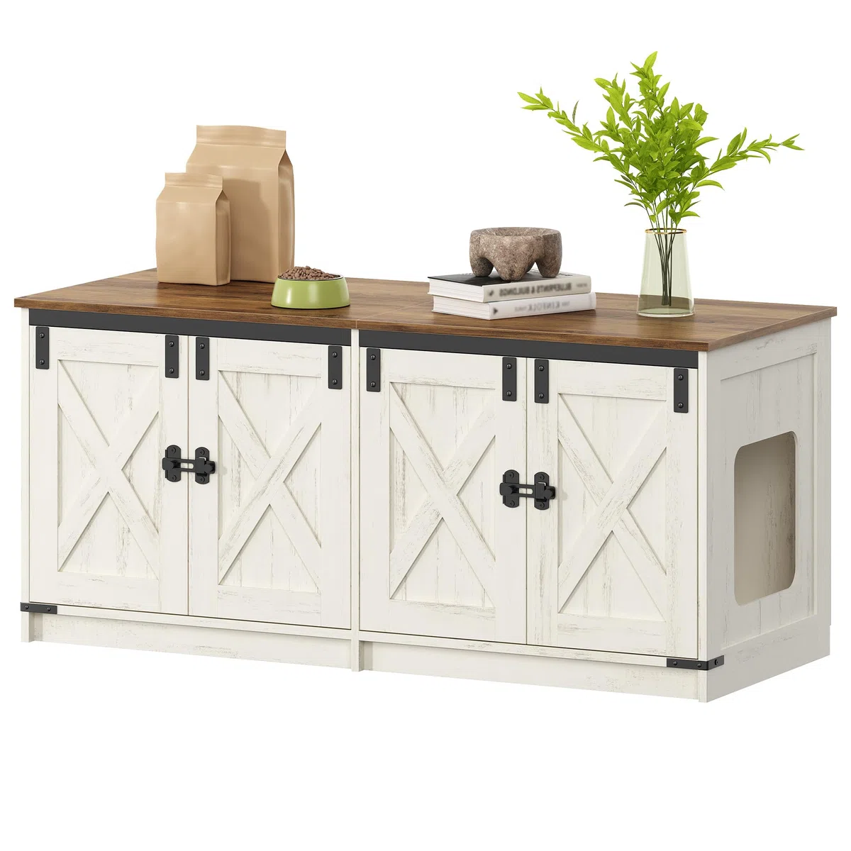 Hzuaneri Katzenschrank, 119cm Katzenklo Schrank für 2 Katze, Braun und Weiß | Versteckter Katzentoilettenschrank, Katzenhaus für den Innenbereich, Bauernhausstil, 119 x 48 x 53,5 cm, CB85314X