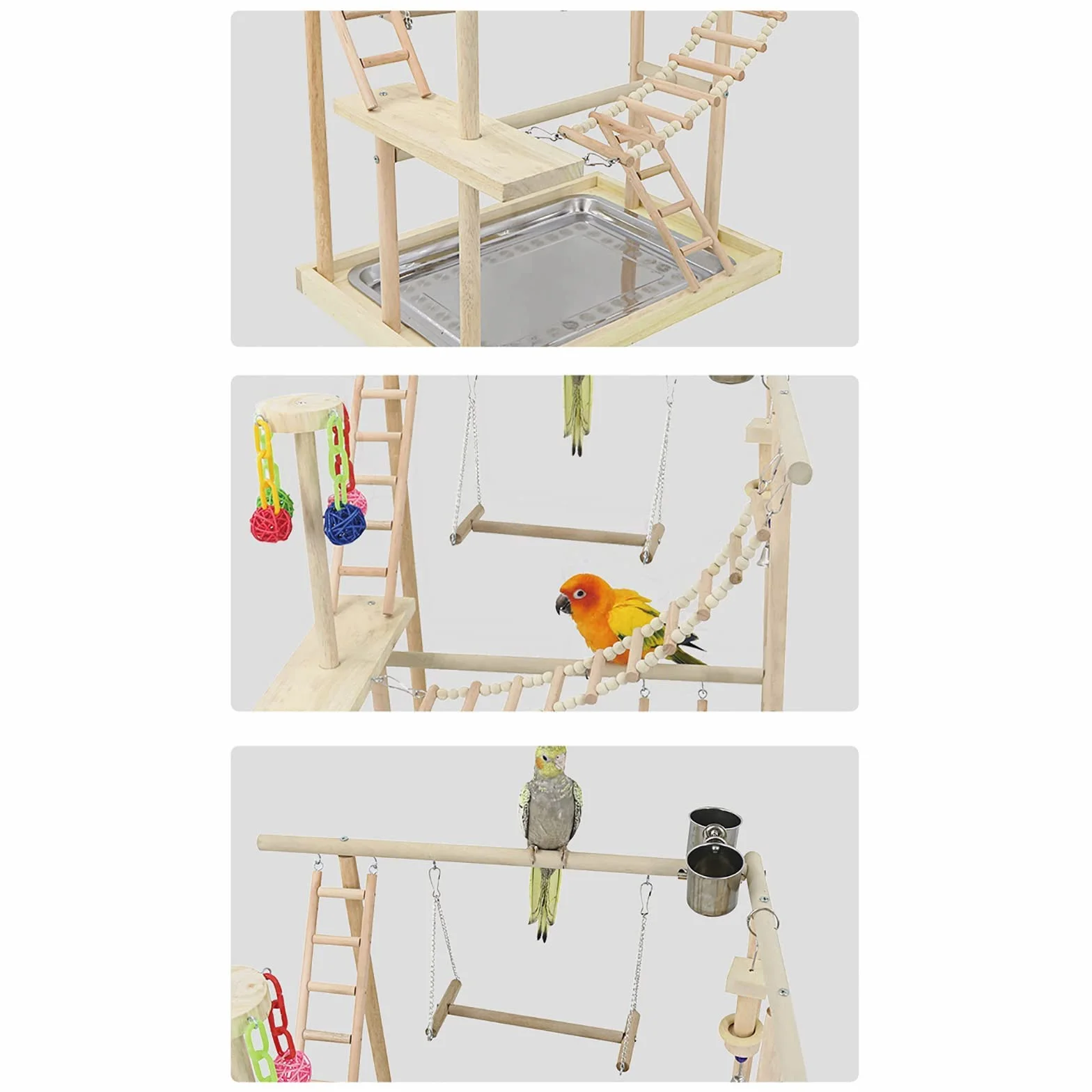 Vogel-Spielständer aus Holz mit Leitern, Schaukel, Kauspielzeug & Futternäpfe für Papageien, Nymphensittiche, Sittiche, Sittiche, Sittiche, Sittiche, Fitness-Studio für kleine bis mittelgroße Vögel