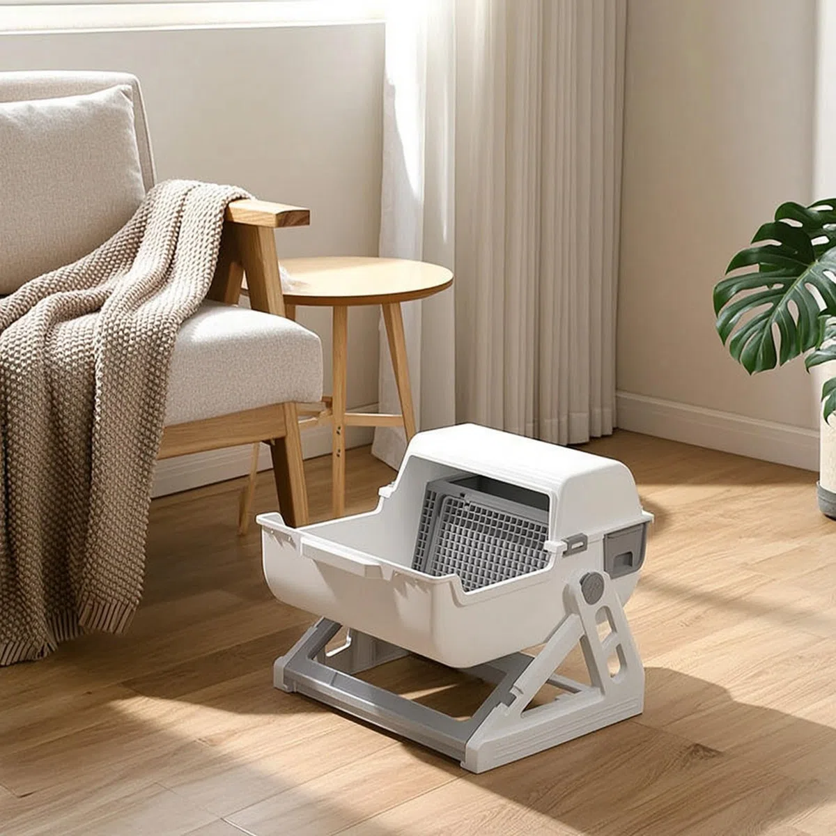 Katzentoilette mit Haube Halbautomatisch Katzenklo mit Sieb Selbstreinigend Katzentoilette Deckel für Katzenbesitzer, Wohnung, Zuhause, Weißblau