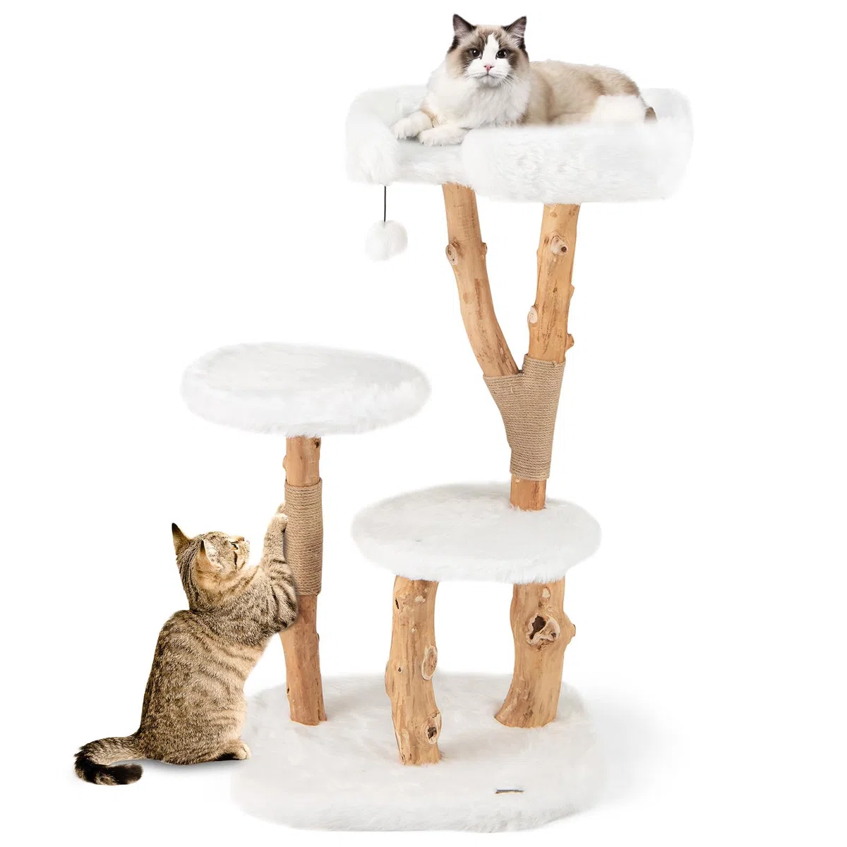 FANTASK Katzenturm Holz, Katzenmöbel mit Spielball & Plüschsitzfläche & 2 Plattformen, Katzenbaum mit Kratzpfosten, Kratzbaum Massivholz aus Jute, Katzen Katzenkratzbaum Kletterbaum, 110 cm (Weiß)