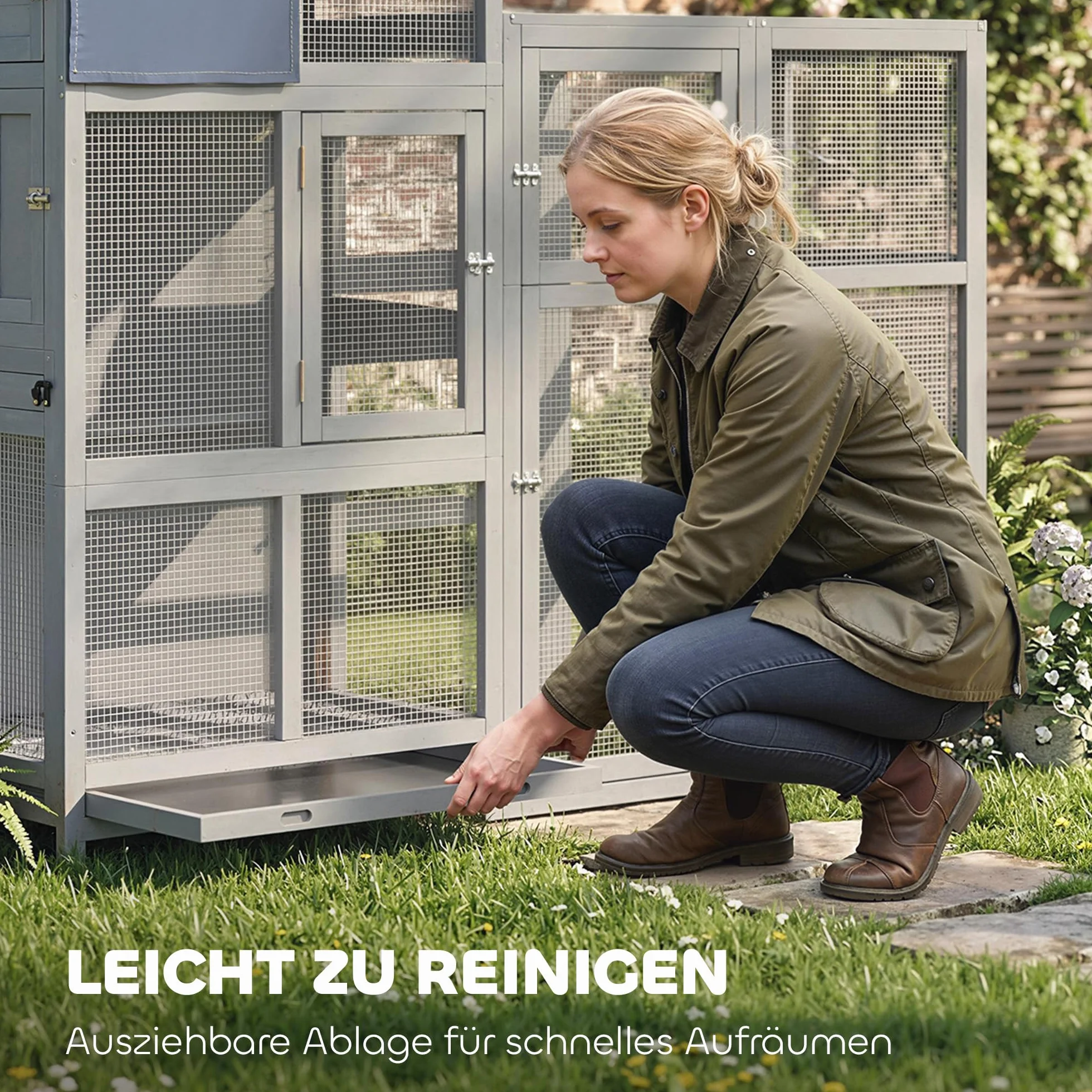 PawHut Voliere Vogelvoliere aus Holz mit Erweiterung 6 Sitzstangen 7 Türen Ablagefach Vogelkäfig mit herausziehbarer Schublade Edelstahlnäpfen Vogelhaus für Finken Wellensittiche Grau 196x60x164,5cm