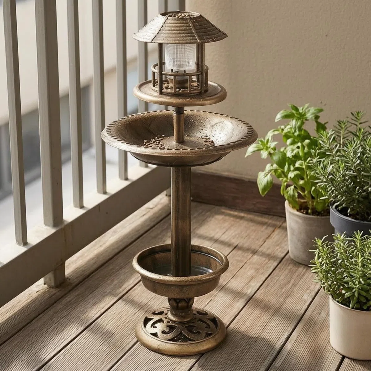 Vogeltränke Freistehend Außen Vogelbad Vogeltränke Kombi mit Led-Beleuchtung Und Laternenaufsatz aus Pp-Material für Gärten Rasenflächen Wege, Bronze, Antikbronze