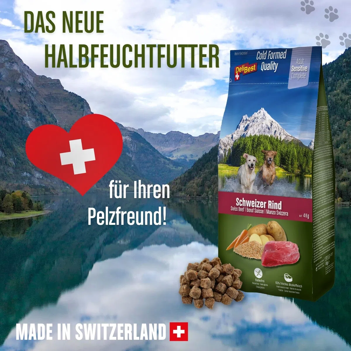 DeliBest Adult Sensitive Complete Dog Rind I Halbfeuchtes Futter für Hunde Adult I 100% Schweizer Rindfleisch I getreidefrei & ohne andere Zusätze I Hundefutter kaltgepresst I 3x4 kg Vorratspack