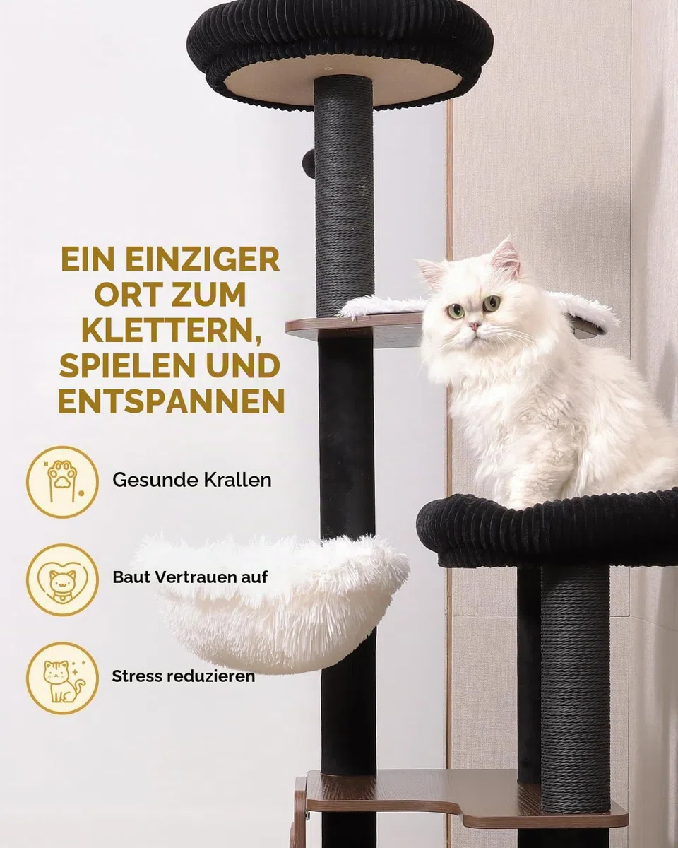 160 cm Kratzbaum für große Katzen, Stabiler Katzenbaum für Maine Coon, XXL Katzenkratzbaum für Wohnungskatzen, hohe Kletterbaum mit Sisal Kratzstämmen, extra große Liegefläche, Katzenhöhle, Schwarz