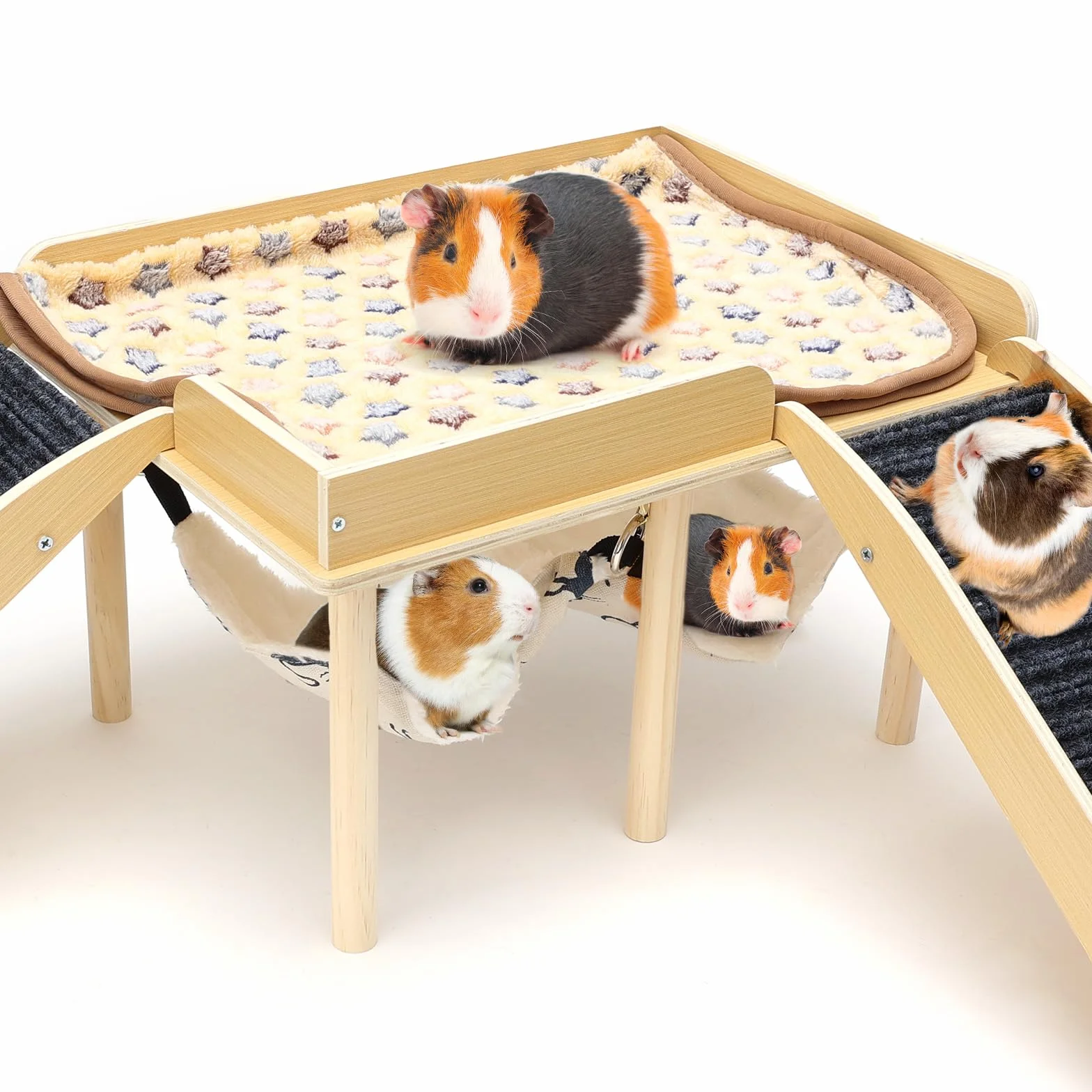 Holz Mehrstöckige Meerschweinchenburg mit Hängematte und Rampe, Versteck für Zwerghamster & Rennmäuse, Spielzeugzubehör für Meerschweinchengehege Innen, Abnehmbares Grauhaus für Kleine Haustiere