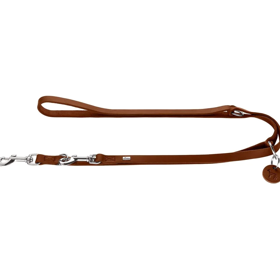 HUNTER Verstellbare Hundeführleine Aalborg geflochten, Farbe: Cognac – 3-Fach verstellbar, Robustes Rindsleder, eingeflochtene O-Ringe, Made in Germany, Größe 20/200