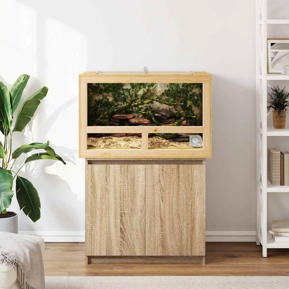 Terrarium Braun OSB 80 x 50 x 50 cm mit Thermometer, Reptilienhaus mit Schiebetür und Belüftung, Vivarium für Amphibien und Schlangen, vielseitiges Gehege