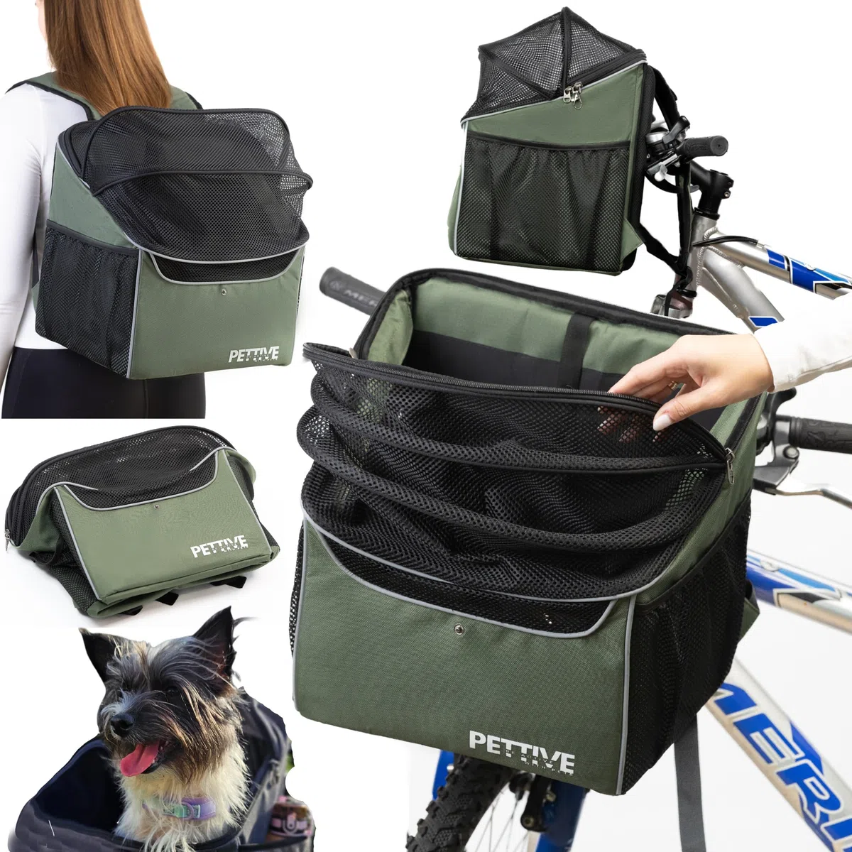 Fahrradkorb für Hunde, Fahrradkorb für Katzen, Rucksack für Hunde, Katzentransportbox mit Regenabdeckung PETRIVE BikeOn bis 7 kg (Grün)