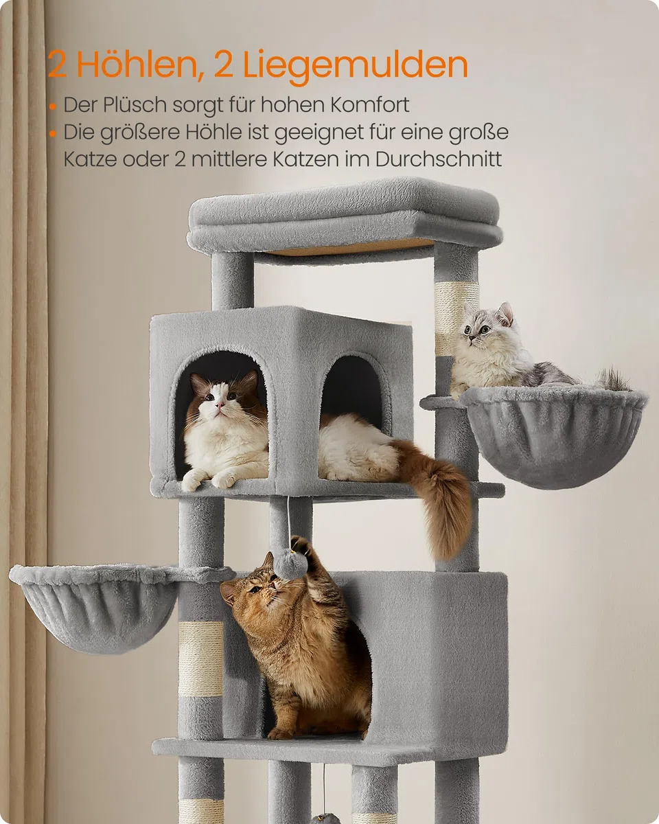 Feandrea Kratzbaum, 175 cm hoch, XL, mehrstöckiger Katzenbaum mit 2 Höhlen, 2 Liegemulden, 5 Kratzsäulen, Katzenbürste, große Plattform, Taubengrau PCT182G01