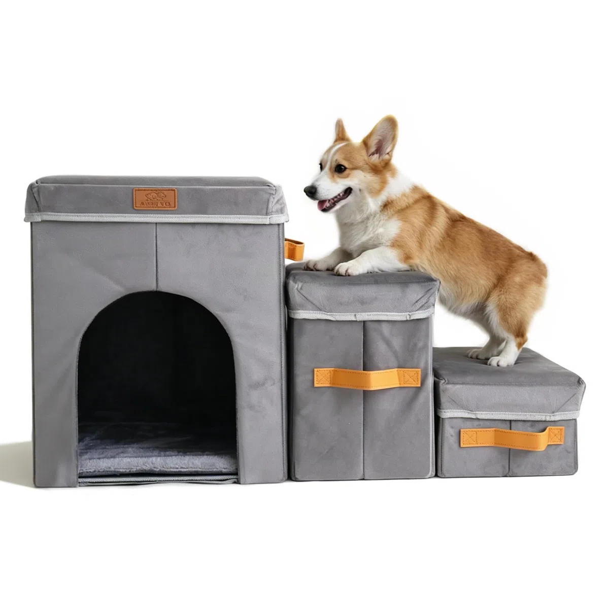 43,2 cm H Hundetreppe für hohe Betten bis zu 63,5 cm Höhe – Haustierstufen für kleine, mittelgroße oder große Hunde, faltbare Katzentreppe mit Stauraum und Höhle, 3-stufige Haustiertreppe für