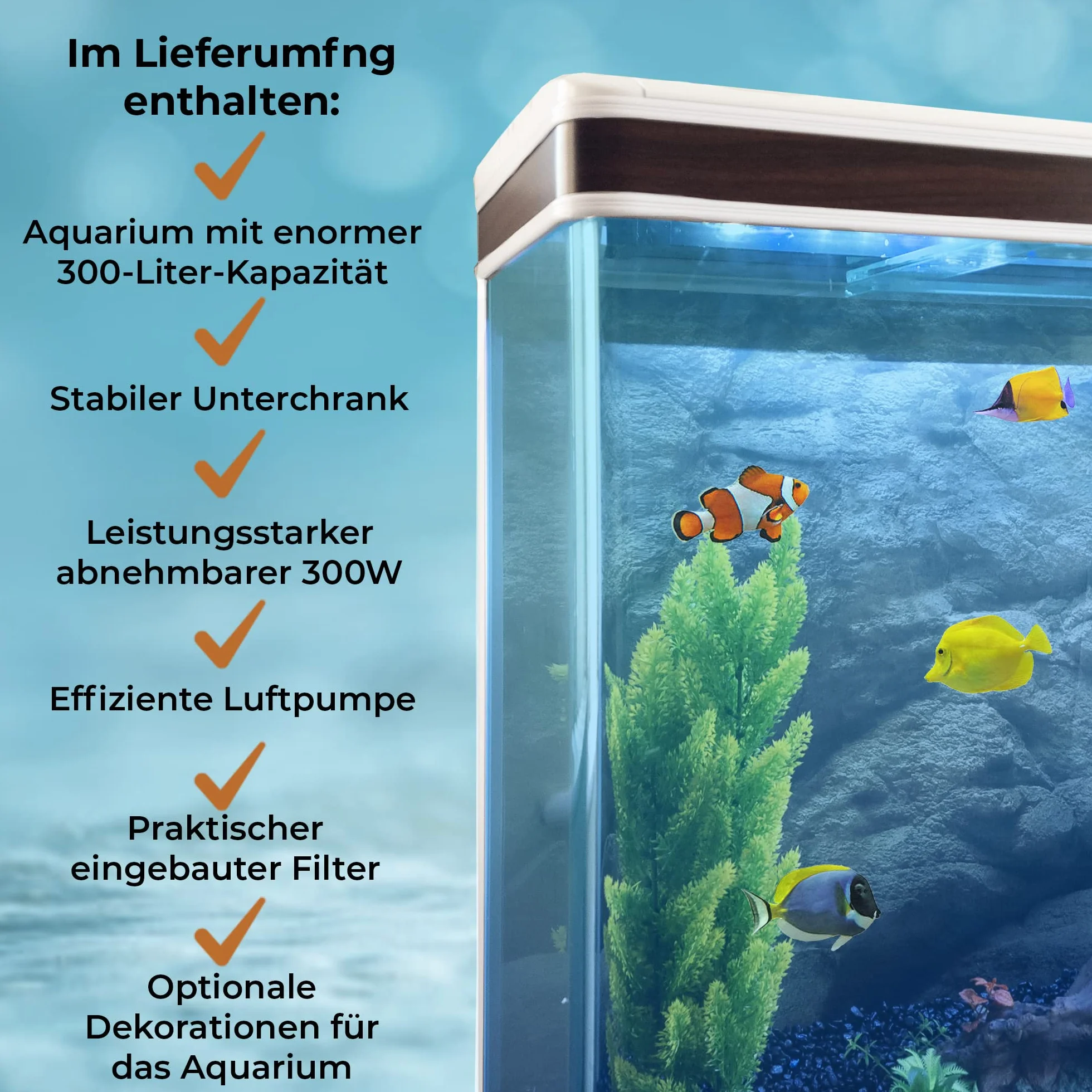 MonsterShop Aquarium Starter Komplettset Aquarium mit passendem Unterschrank inklusive Aquarienpflanzen Blauer Kies Aquarium Hintergrund 143.5cm H x 120.5cm B x 39cm T