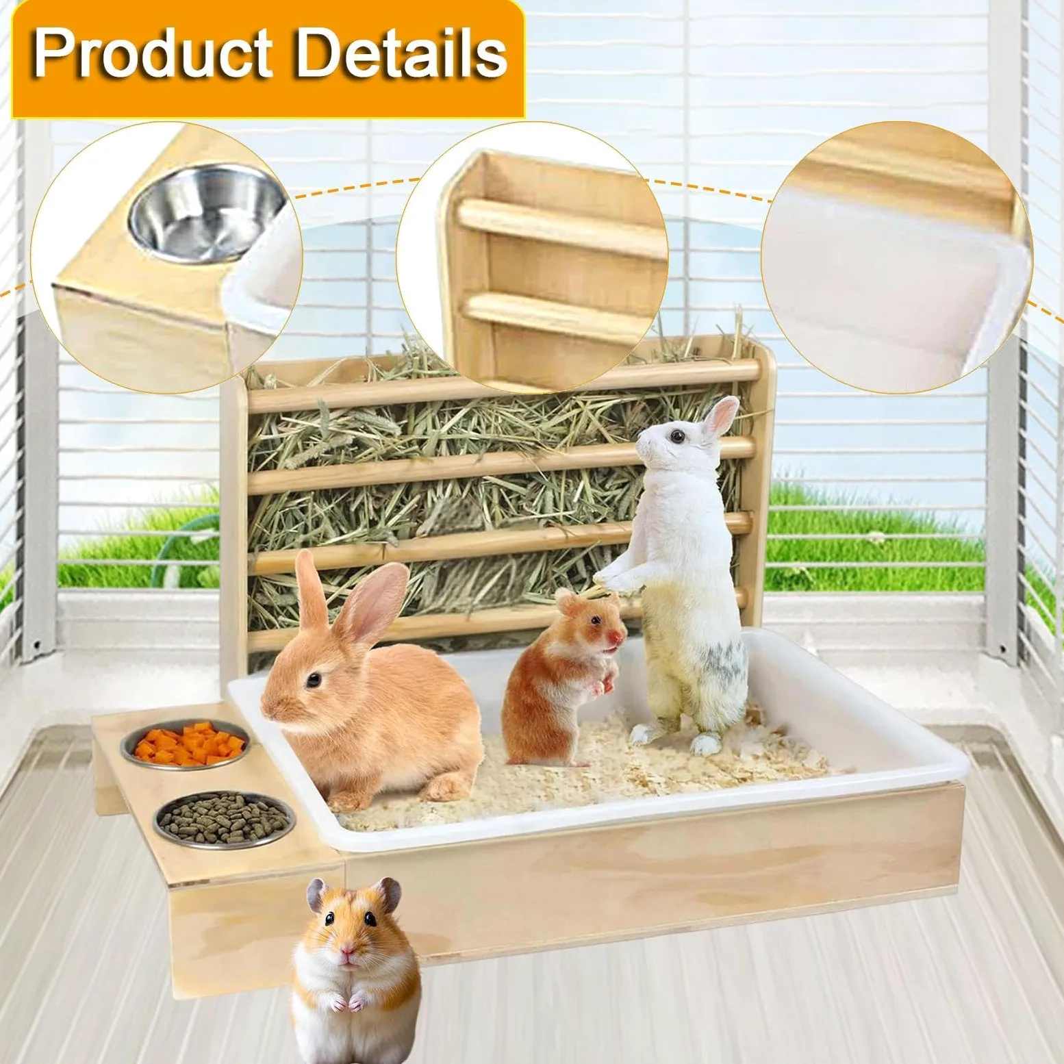 Kaninchenfuttertrog mit Katzenklo, Näpfen Und Tränke, Hölzerner Kaninchenfuttertrog für