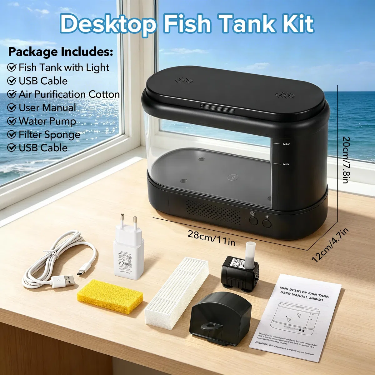 Nano Aquarium Starter Set 3,7L Schwarz Acryl mit Filtersystem LED Beleuchtung Betta Tischaquarium