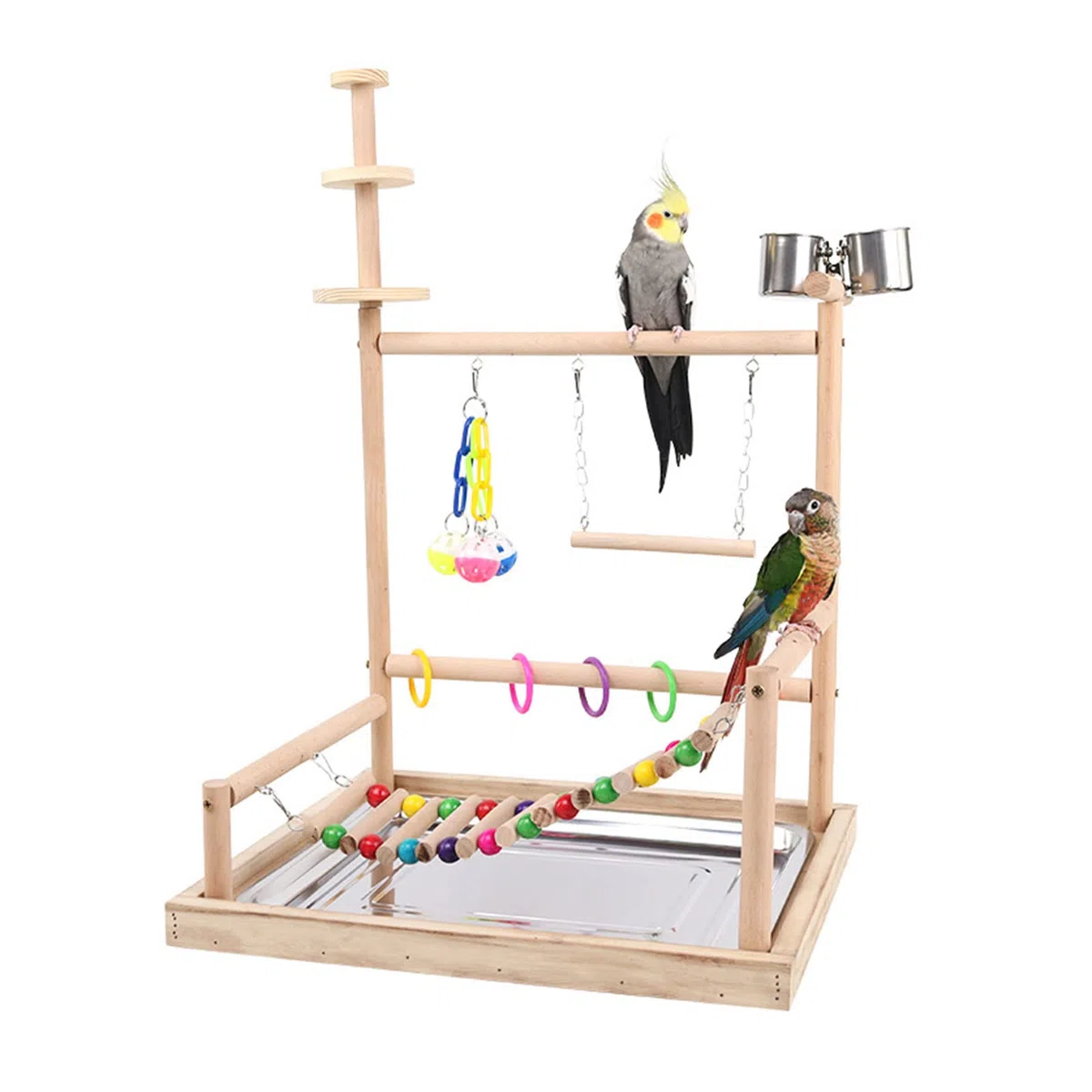Sitzstangenständer für Vögel, Papageien, Spielständer mit Tablett aus Edelstahl, Futternäpfe, Leiterschaukel, Kauspielzeug aus Kunststoff für Vögel, Vogelspielplatz, Sitzstangenständer aus Naturholz