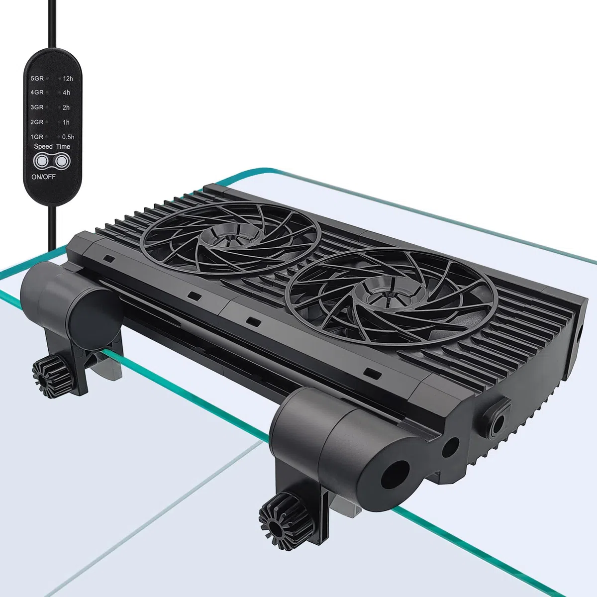 Aquarium-Kühlventilator – Aquarium-Kühlventilator mit einstellbaren 5 Windgeschwindigkeiten und Timer-Controller, geeignet für randlose Aquarien mit einer Dicke von < 1,5 cm (2 Lüfter)