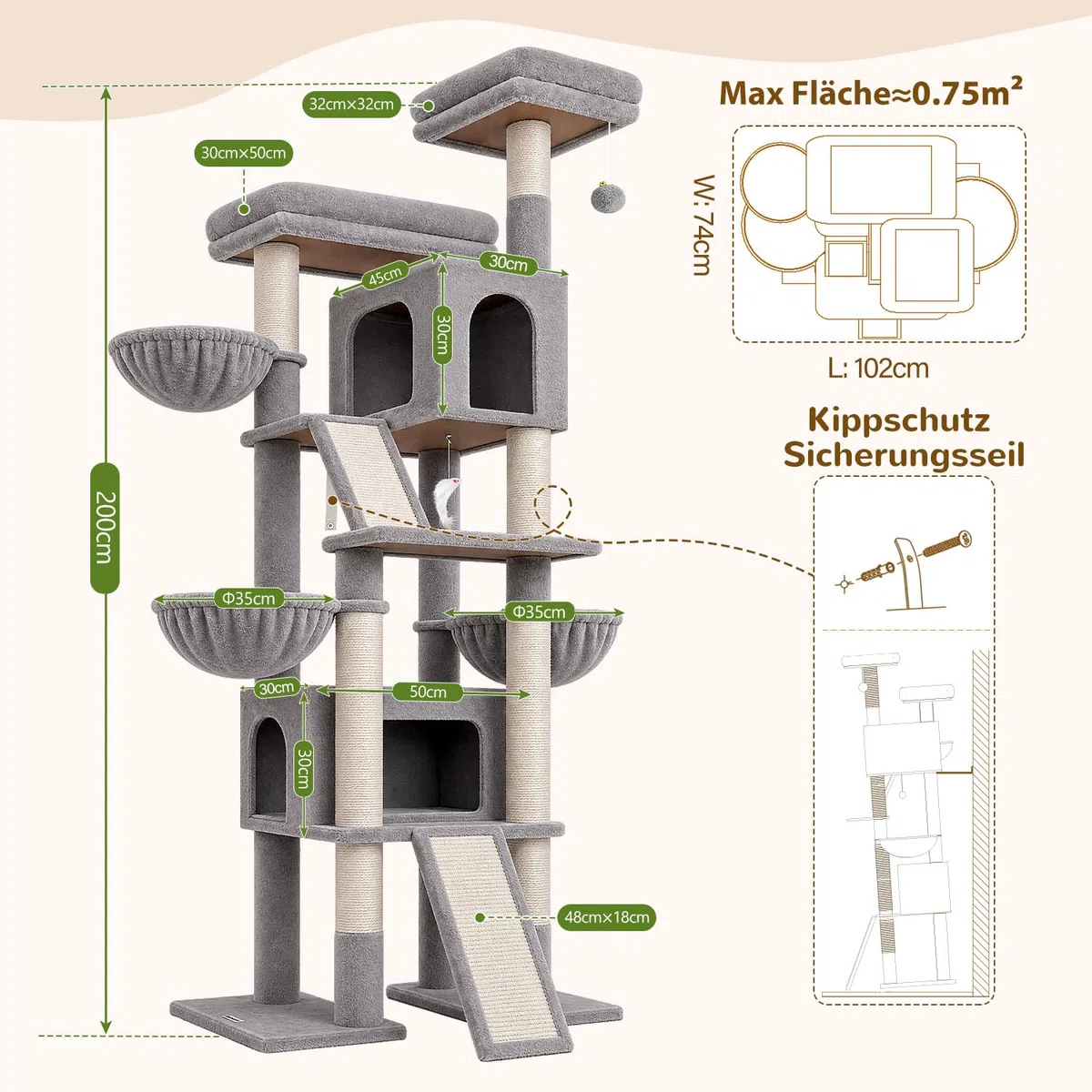 Globlazer F78 Kratzbaum XXL für Große Katzen 200 cm Stabil katzenbaum Innen | Mehrstöckiger, Stabiler, Große Kratzbaum 2 Meter mit 2 Extragroß Katzenhäus, Großen Liegebereich, 3 Korb für Mehrere Katzen
