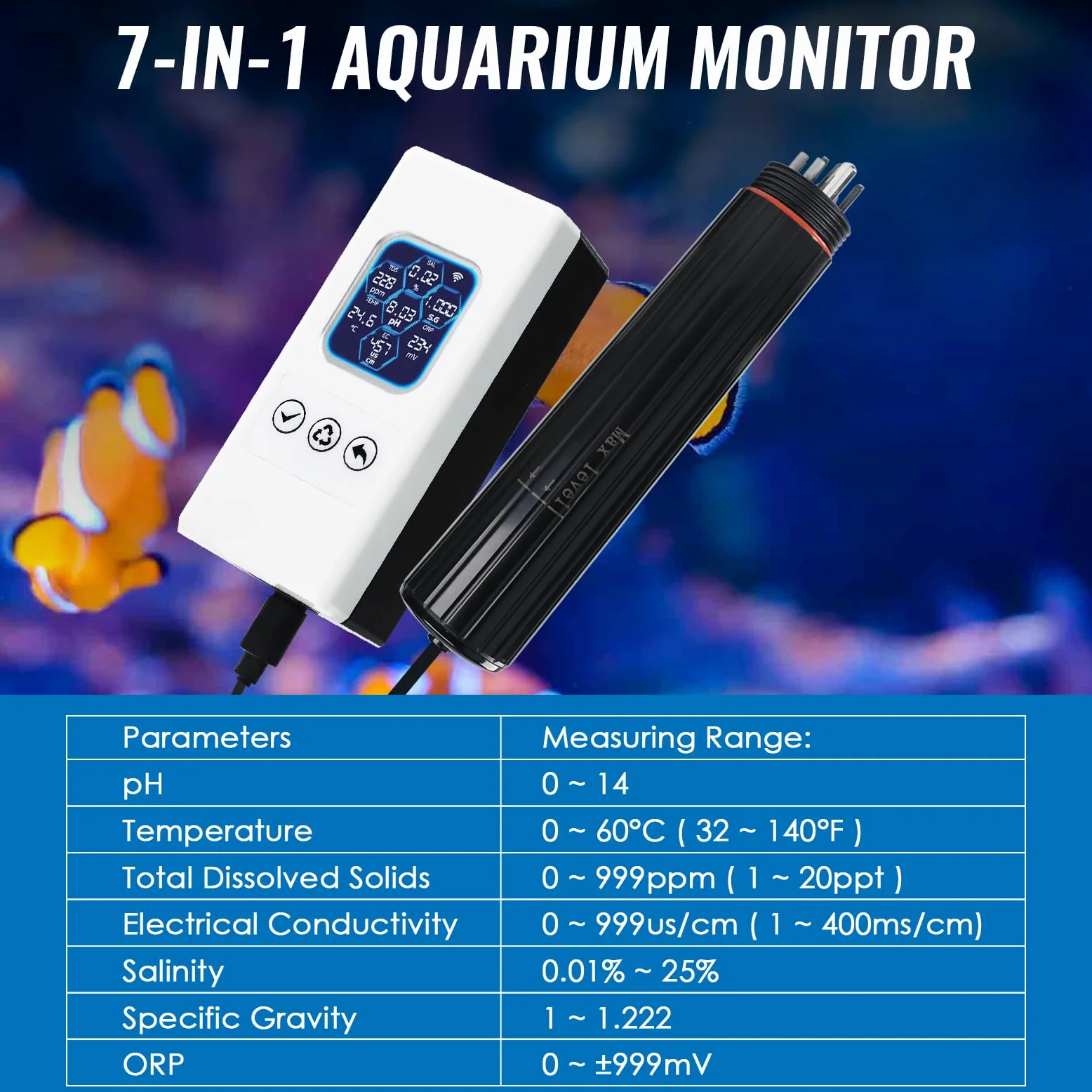 Smart 7-in-1 Aquarium-Wasserqualitätsmonitor mit WLAN, pH ORP TDS EC Salinity Temp Tester - Farbdisplay, App-Steuerung, Echtzeit-Benachrichtigungen, ATC, austauschbare Sonde, alle Tankgrößen