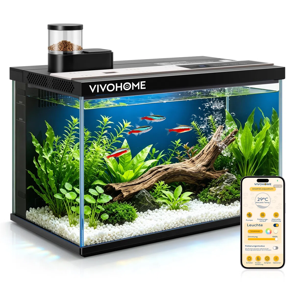 VIVOHOME 30L Smart Glas Aquarium Komplettset mit LED & Wasserpumpe | App‑gesteuert, leise Wasserpumpe, Filtersystem, Temperaturanzeige. Ideal für Betta, Goldfische & Garnelen