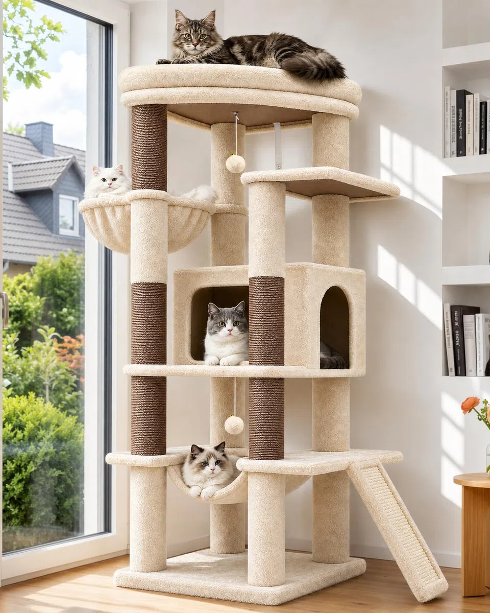 Globlazer Kratzbaum Stabil Beige mit Große Loungebereich für 2/3 Katzen S56 | Katzenbaum 143cm Platz Spare Geeignet für Wohnzimmer Schlafzimmer Wohnung mit Katzenhäuse Hängematte für Große Katzen Innen