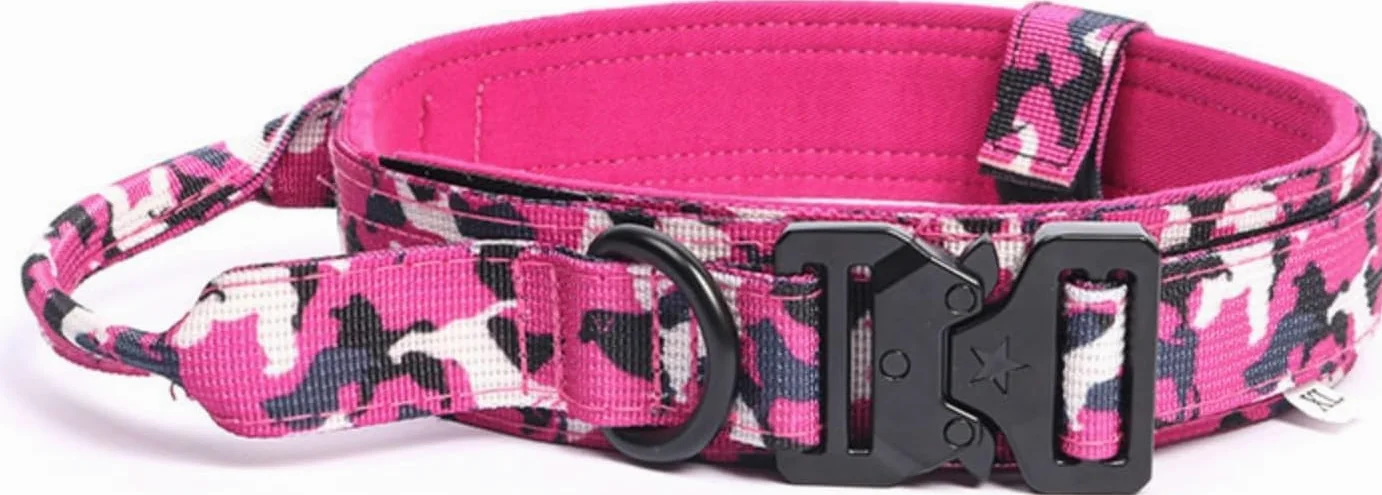 Hundehalsband, Taktisches Hundehalsband- und Leinen-Set, verstellbar, weiches Hundehalsband aus Nylon for mittelgroße große Hunde, reflektierender 1,5 m Langer Hundeleinengriff(Pink Set,XL)